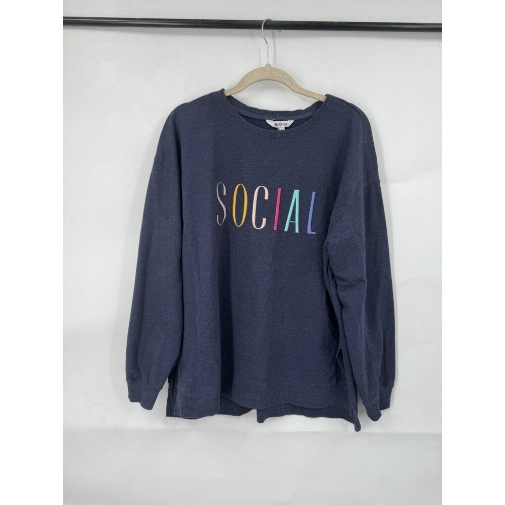 Wildfox‎ Sweatshirt Womens Large Navy Blue Social Embroidered Comfy Cozy Casual